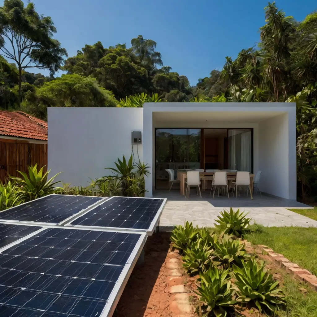 Casa residencial com painéis solares fotovoltaicos no telhado, ilustrando as vantagens da energia solar em residências brasileiras.