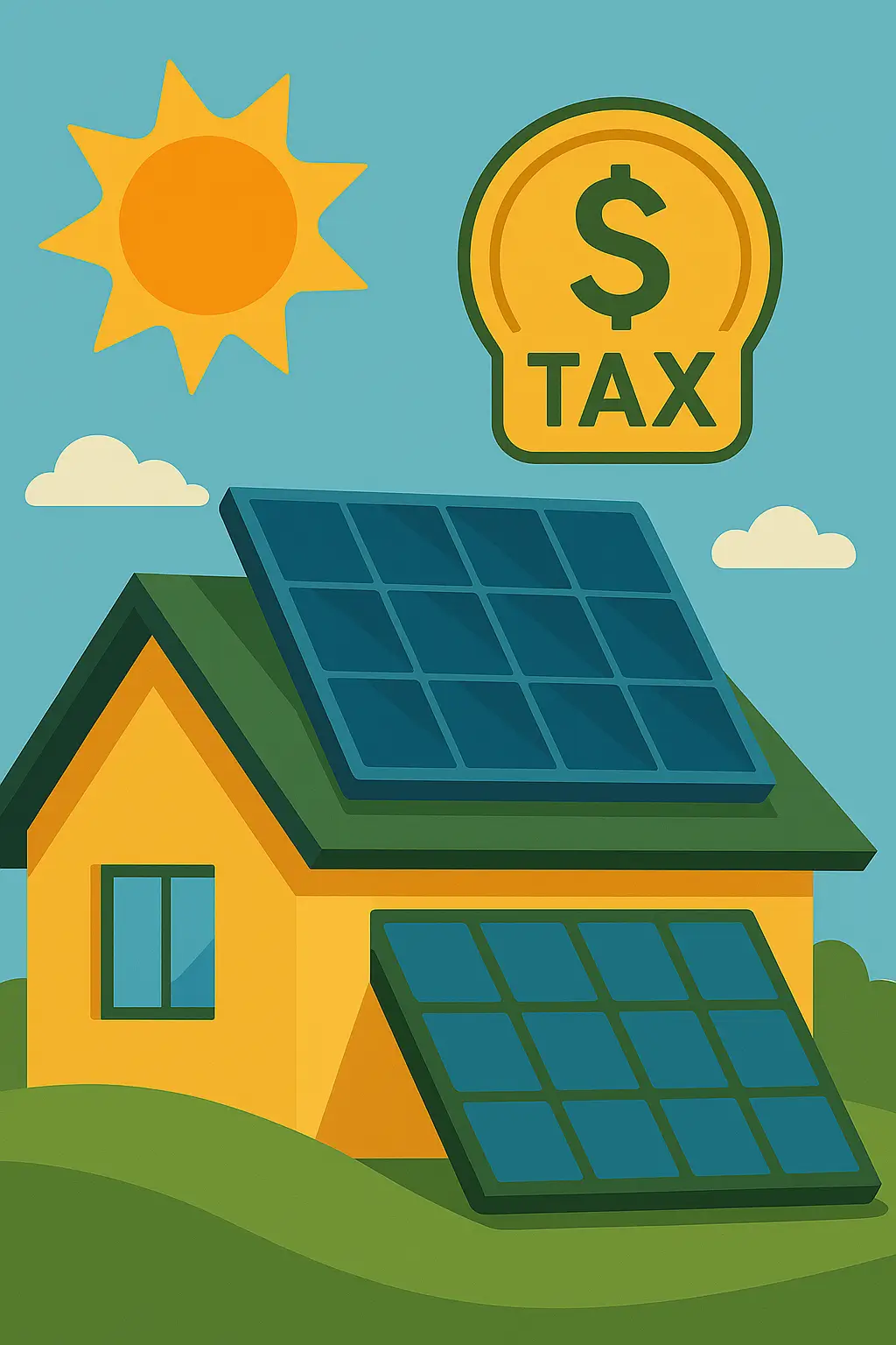 taxação do sol em 2025 representada por painel solar residencial sob céu ensolarado, com ícone de imposto indicando impacto na energia solar no Brasil.